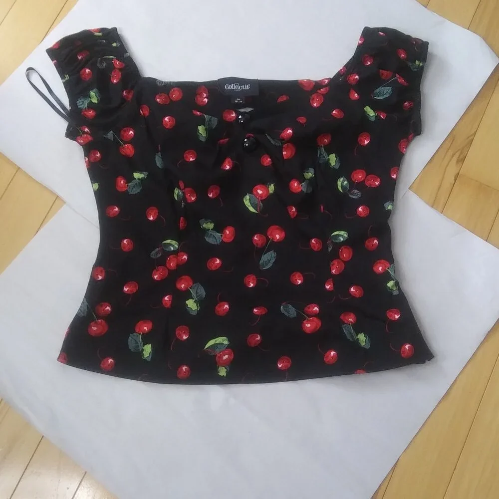 COLLECTIF Dolores cherry print top pin up retro size 2XL  subtle sexy - Picture 4 of 16